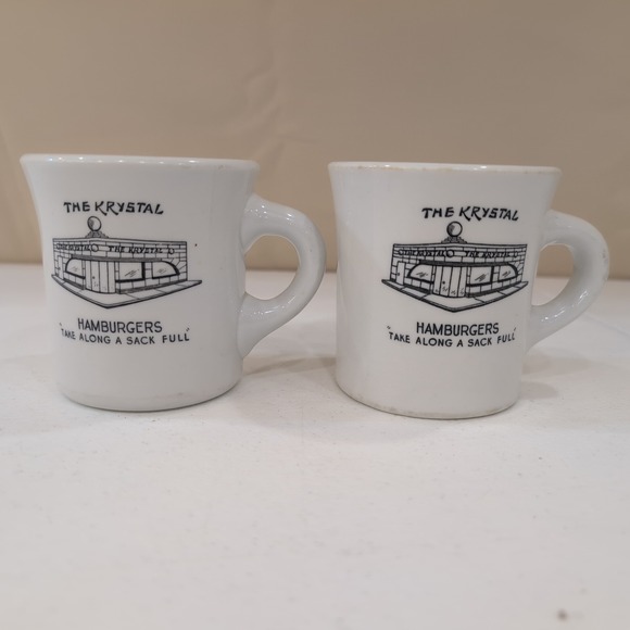VTG Krystal Hamburgers Restaurant 2 Mugs Set Heavy Duty Take Along a Sack Full - Picture 1 of 5